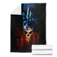 Black skull graphic blanket with blue stars and red patriotic background, folded