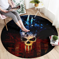 Round area rug featuring a skull and American flag stars with red stripe details