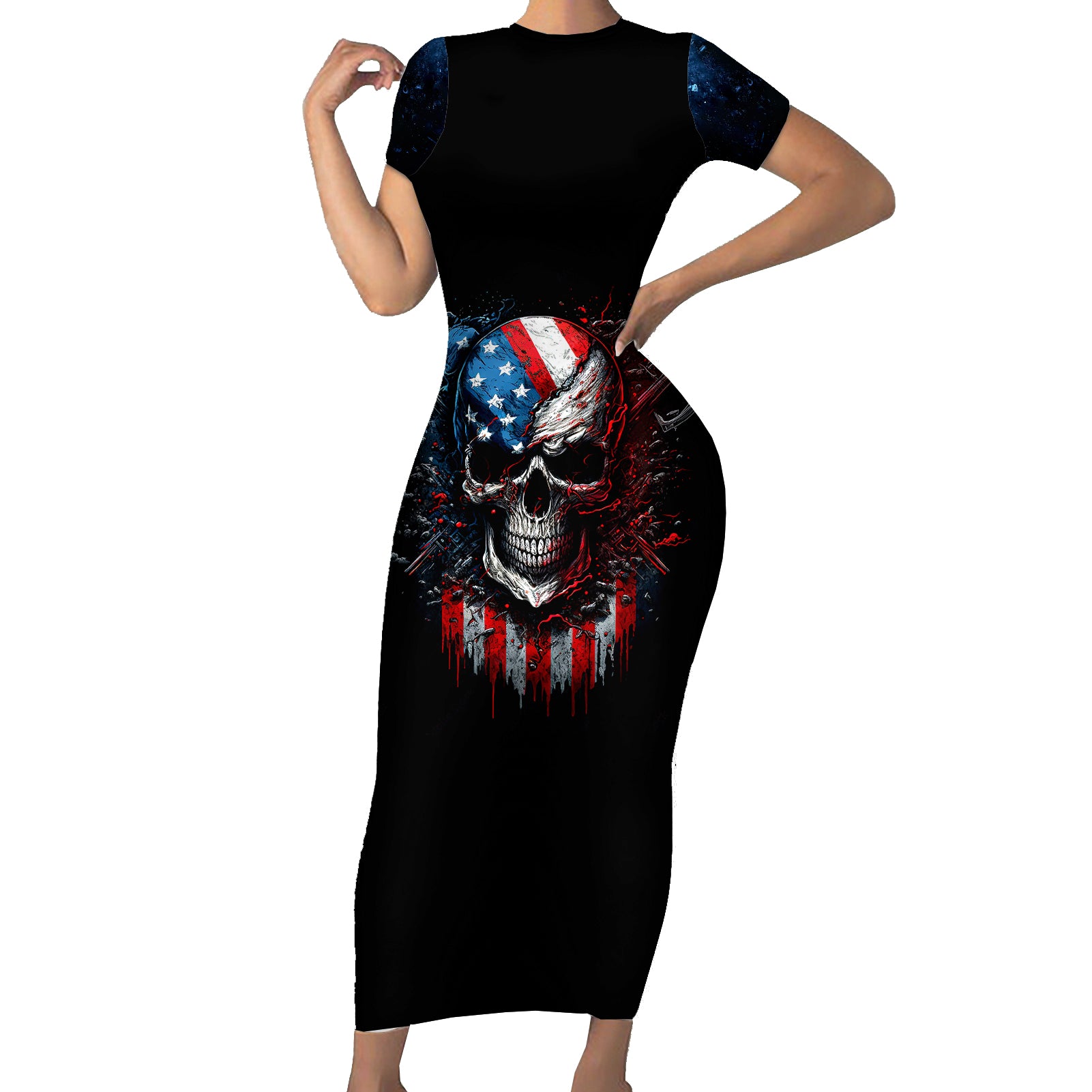 Vintage Skull Short Sleeve Bodycon Dress American Skull Vintage - Wonder Print Shop