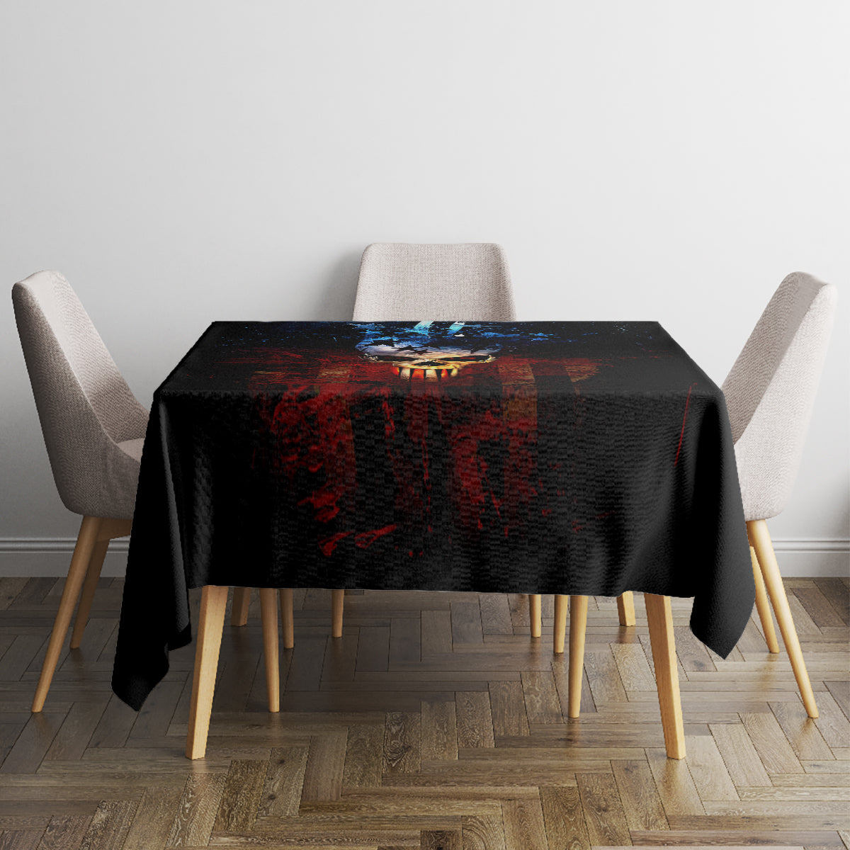 Black skull tablecloth on square table with four chairs, blue and red design
