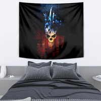 Black skull tapestry, blue stars and torch flame center design