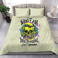 Green duvet cover set with colorful skull graphic and layered text