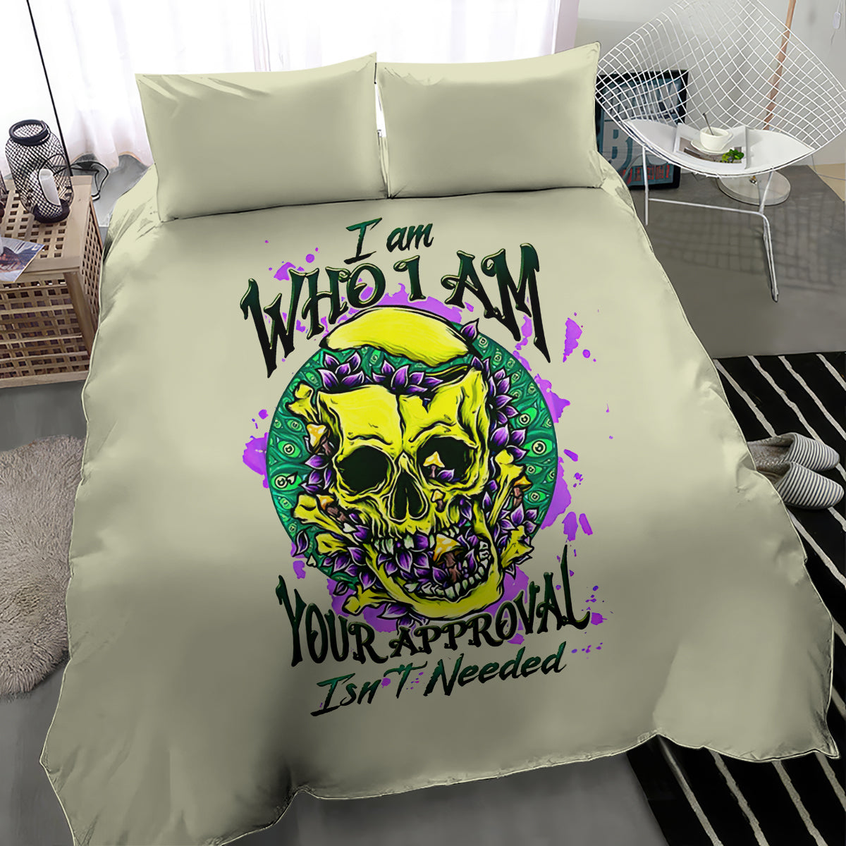 Green duvet cover set featuring colorful skull graphic and bold quote text
