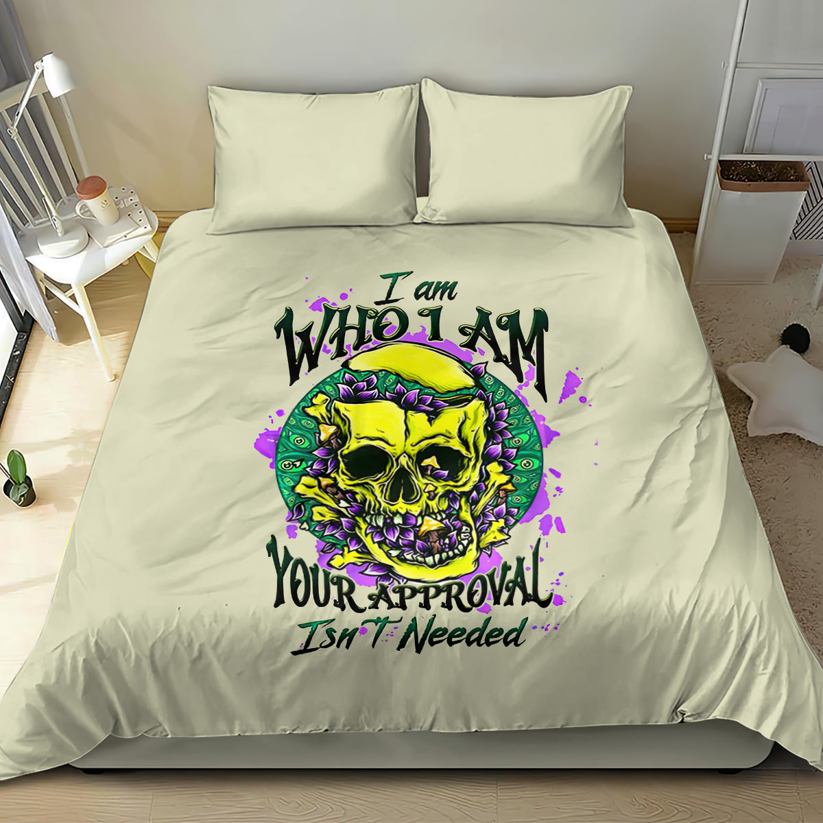 Green duvet cover set with central skull design and decorative purple splatter