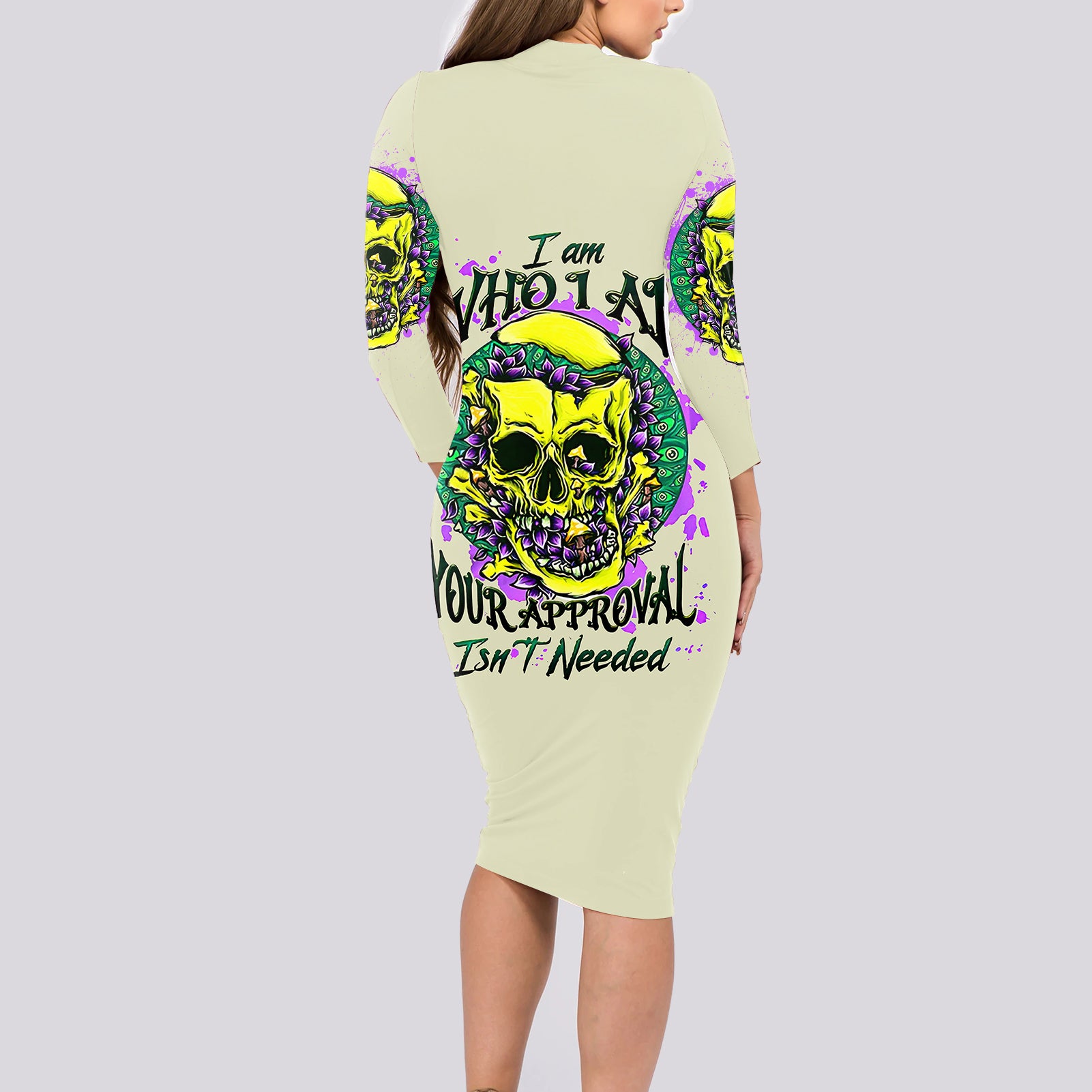 Flower Skull Long Sleeve Bodycon Dress Iam Who Iam Your Approval Isn't Need - Wonder Print Shop