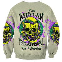 Green unisex sweatshirt with front neon skull graphic, purple splatter, and text print