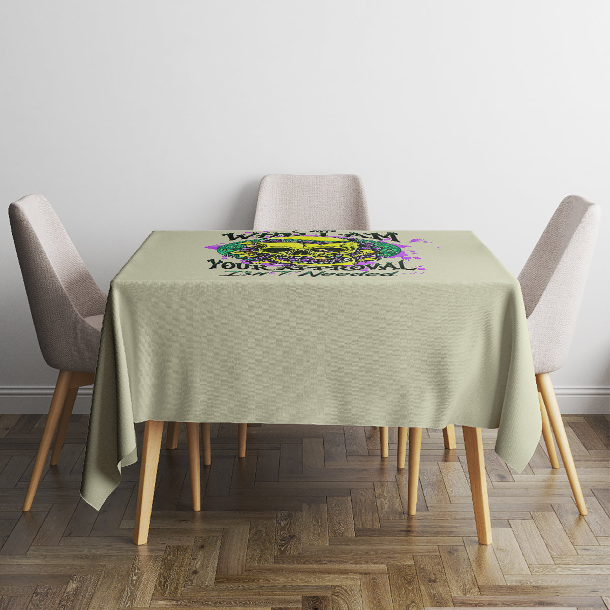 Green square tablecloth with colorful skull graphic centered on tabletop