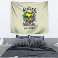 Green skull tapestry with colorful flower wreath and gothic slogan graphic