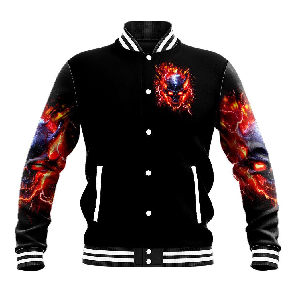 Black flame skull baseball jacket with snap buttons and striped rib trim