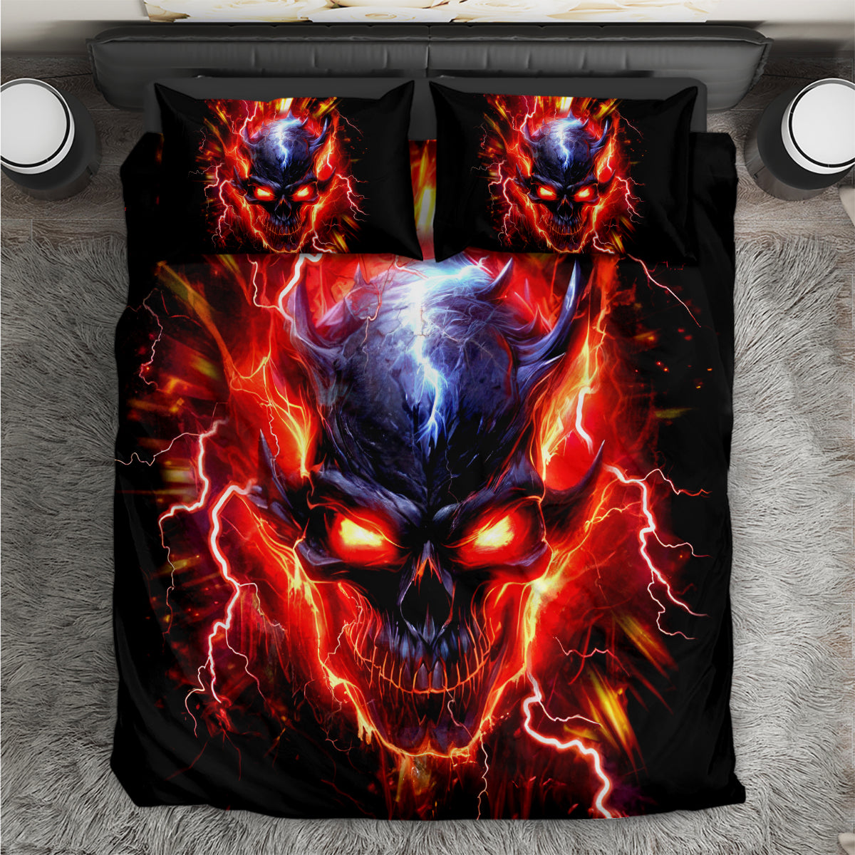Black bedding set with flaming skull print and two matching pillowcases