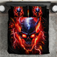 Black bedding set with flaming skull print and two matching pillowcases