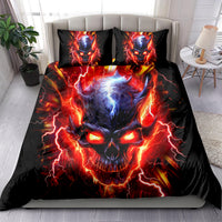 Black duvet cover and pillowcases featuring a glowing flame skull graphic