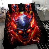 Black bedding set with flaming skull face artwork on duvet and two pillows