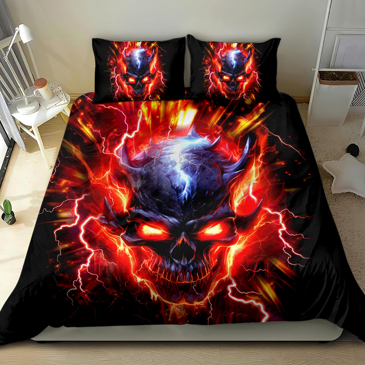 Black bed set with large flame skull print on duvet and twin pillowcases