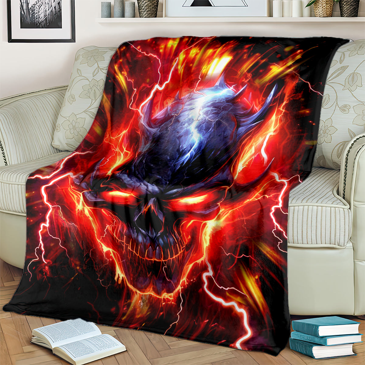 Black flame skull graphic blanket draped over a couch arm