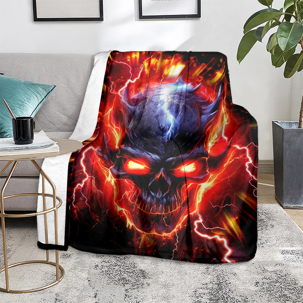 Black flame skull graphic blanket on the floor beside a side table