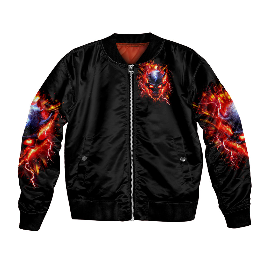 Black unisex bomber jacket with flame skull graphic on front, zip-up