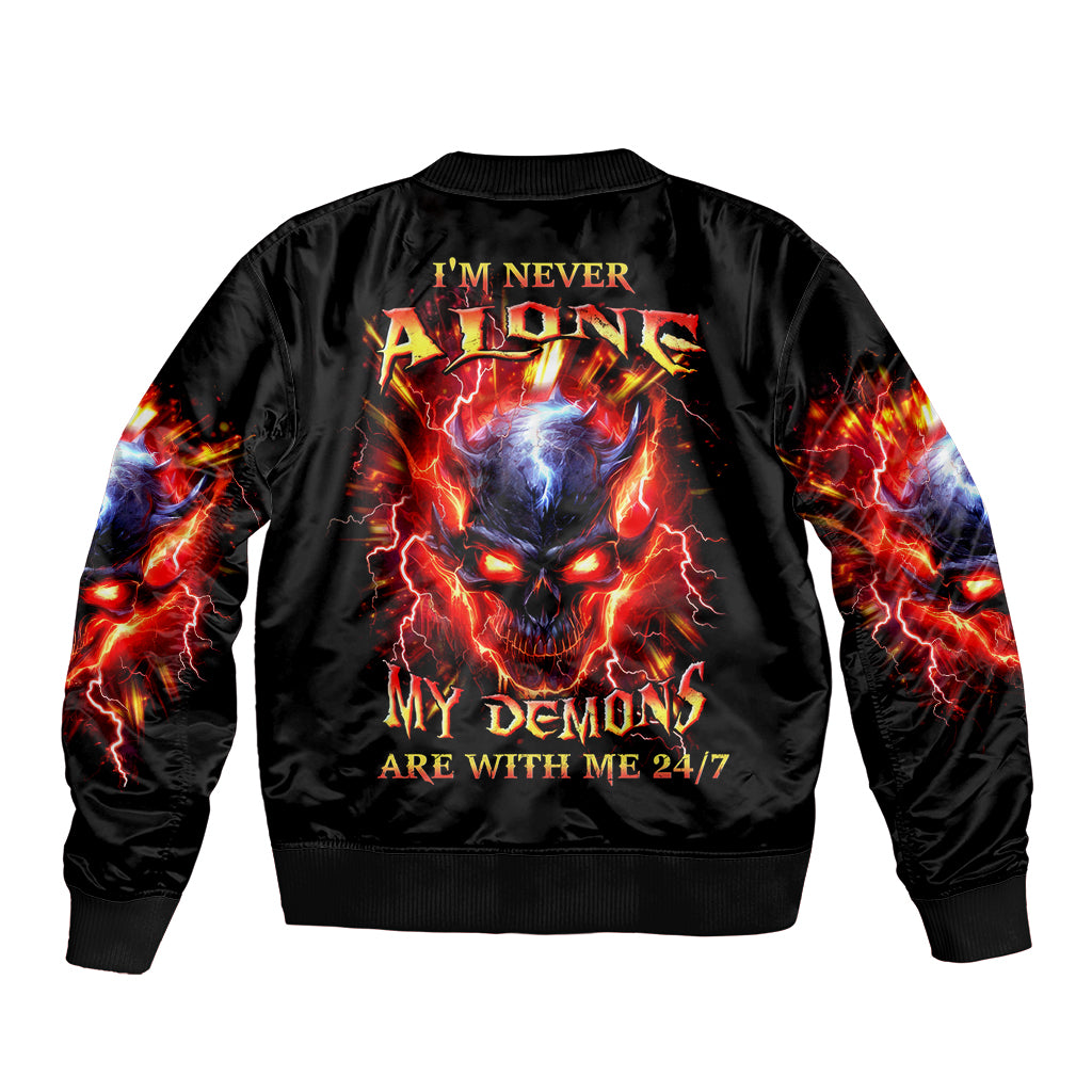 Flame Skull Bomber Jacket I'm Never Alone My Demons Are With Me 24/7 - Wonder Print Shop