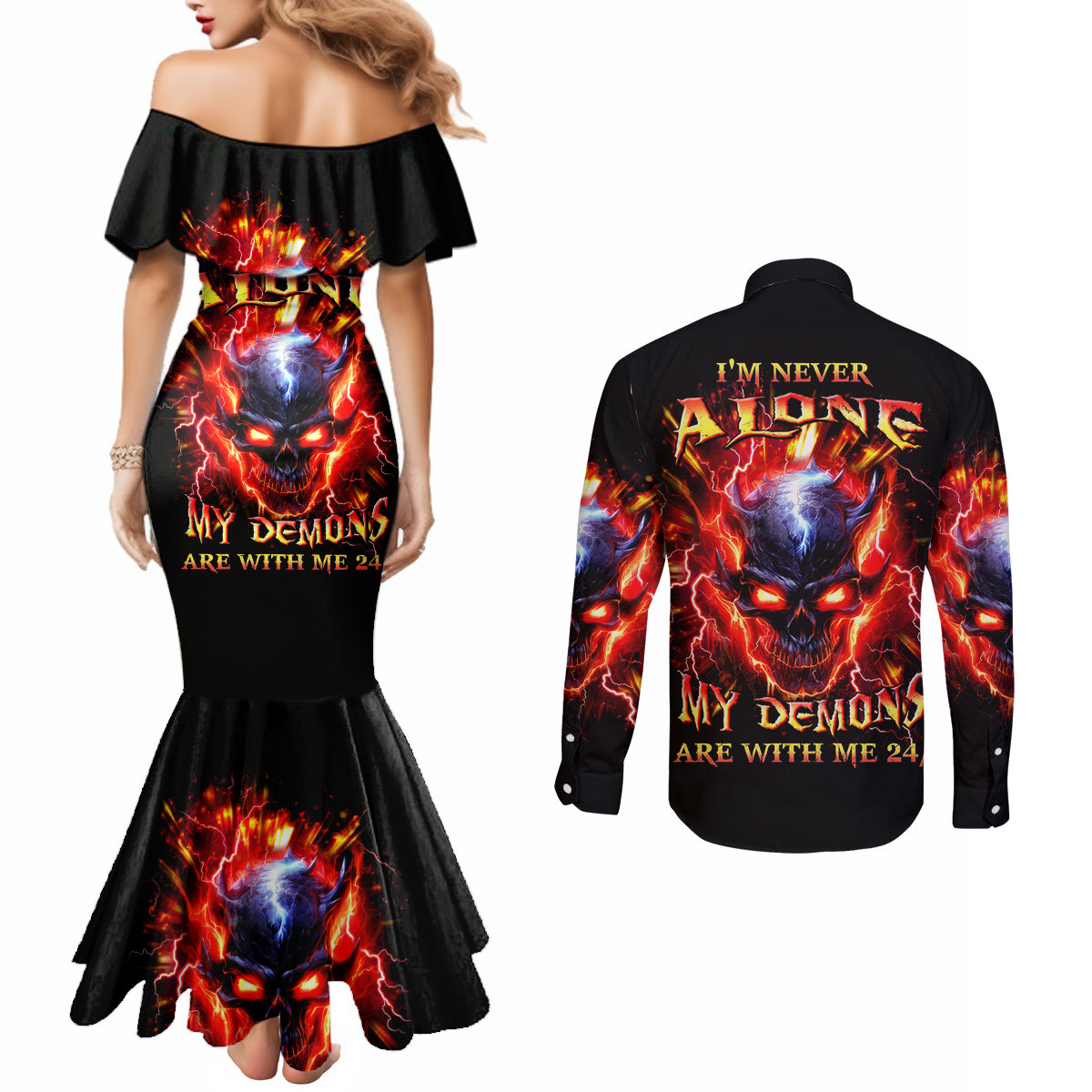 Flame Skull Couples Matching Mermaid Dress and Long Sleeve Button Shirt I'm Never Alone My Demons Are With Me 24/7