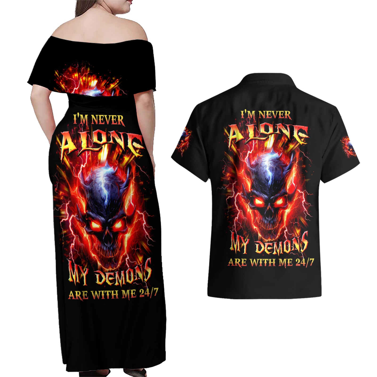 Flame Skull Couples Matching Off Shoulder Maxi Dress and Hawaiian Shirt I'm Never Alone My Demons Are With Me 24/7 - Wonder Print Shop