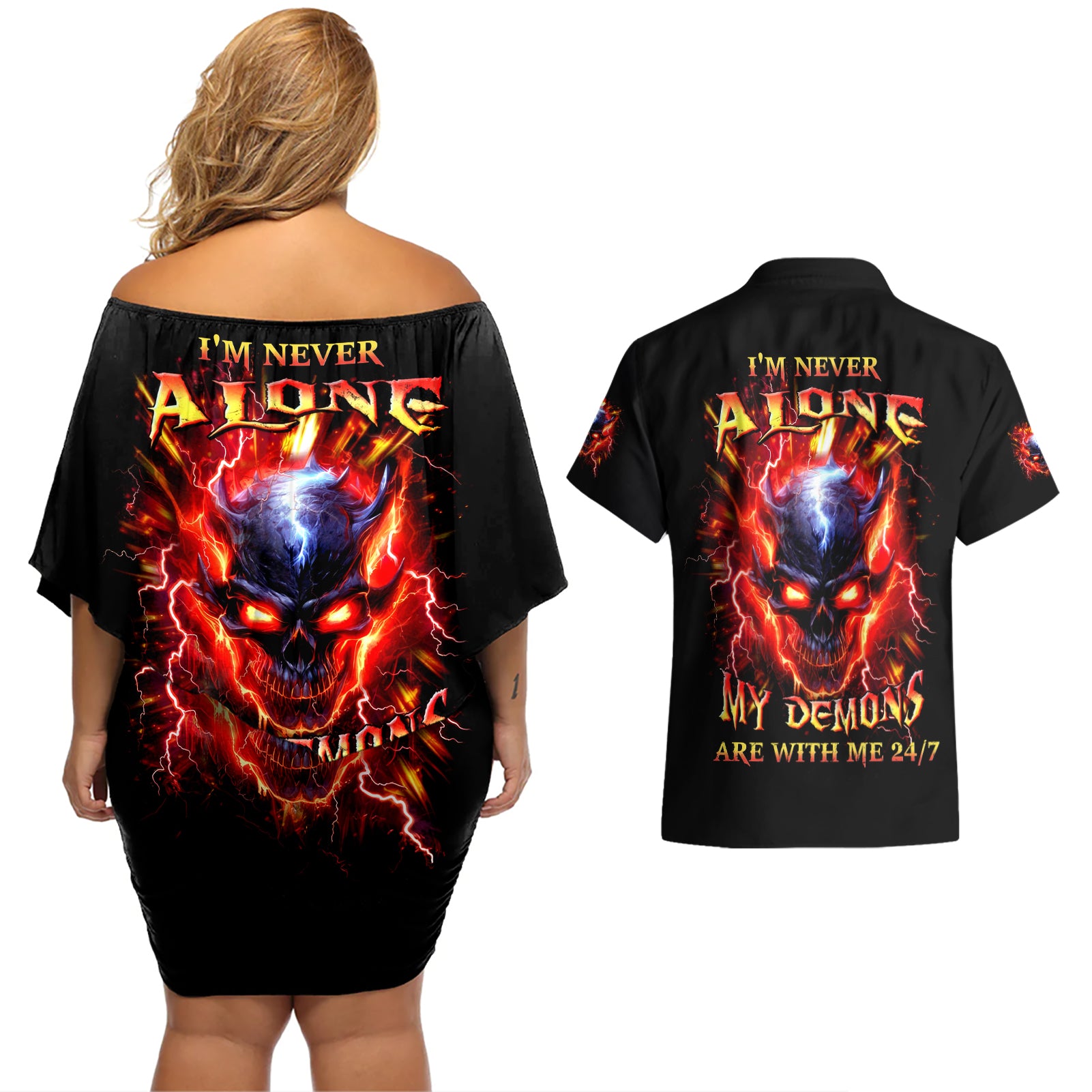 Flame Skull Couples Matching Off Shoulder Short Dress and Hawaiian Shirt I'm Never Alone My Demons Are With Me 24/7 - Wonder Print Shop