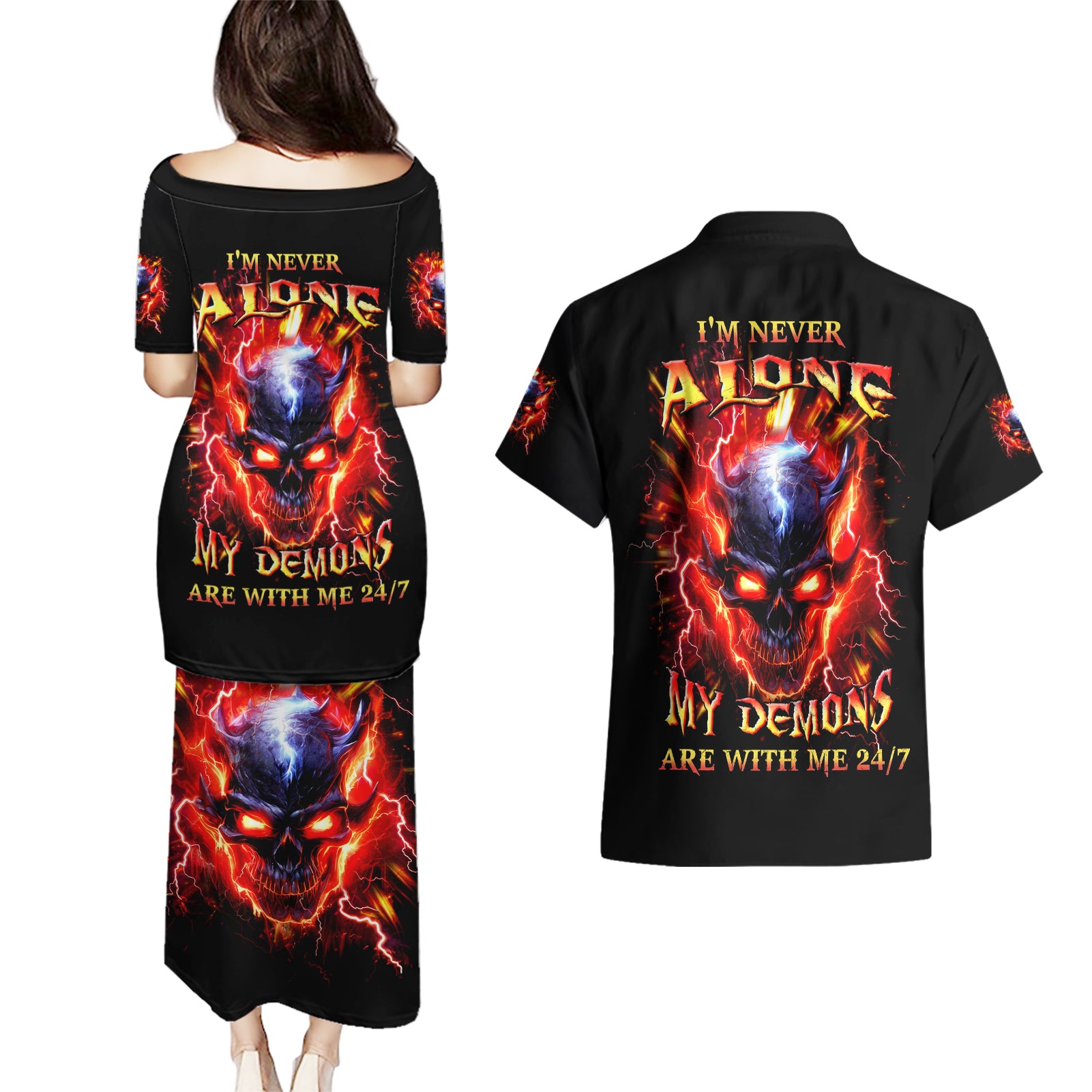 Flame Skull Couples Matching Puletasi and Hawaiian Shirt I'm Never Alone My Demons Are With Me 24/7 - Wonder Print Shop