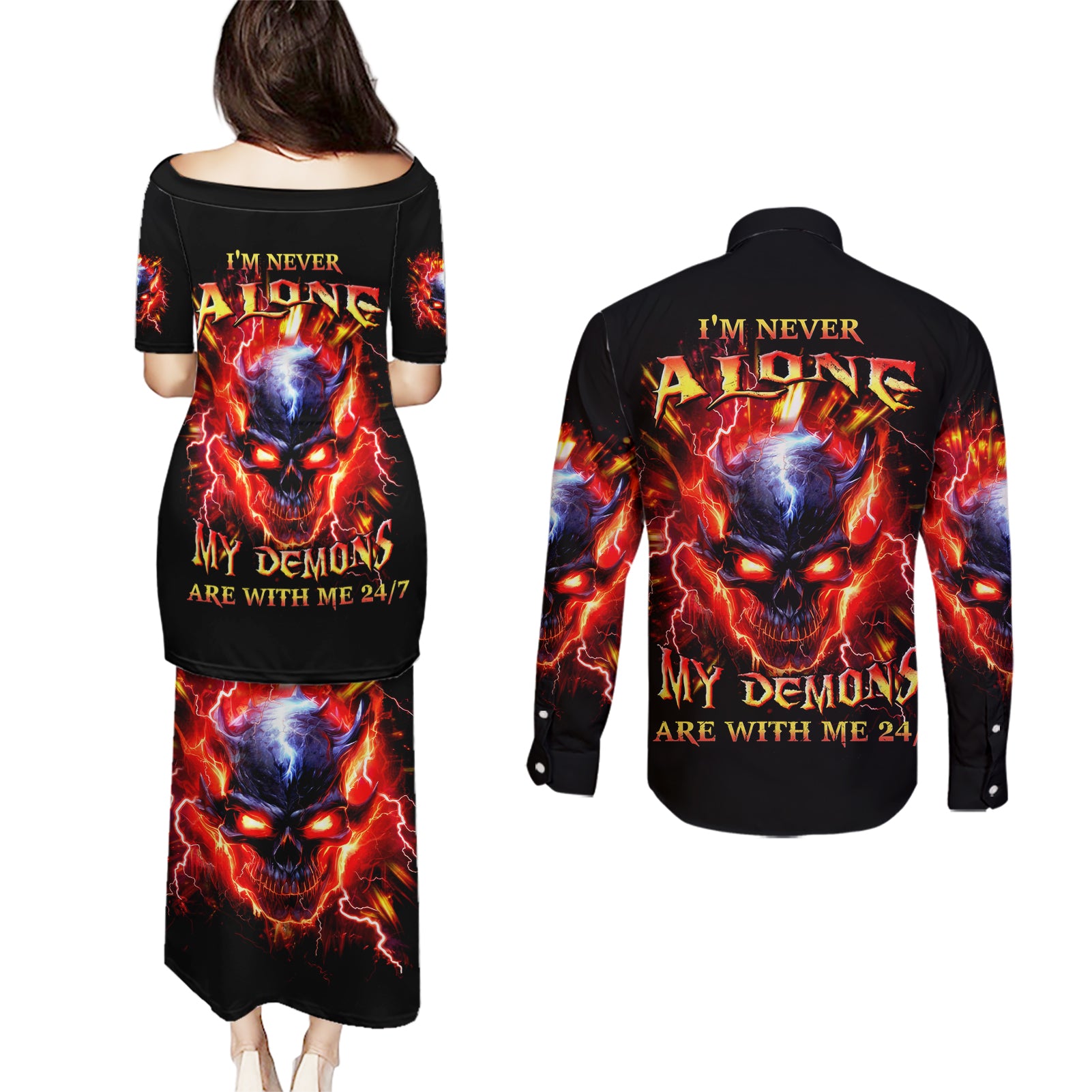 Flame Skull Couples Matching Puletasi and Long Sleeve Button Shirt I'm Never Alone My Demons Are With Me 24/7 - Wonder Print Shop