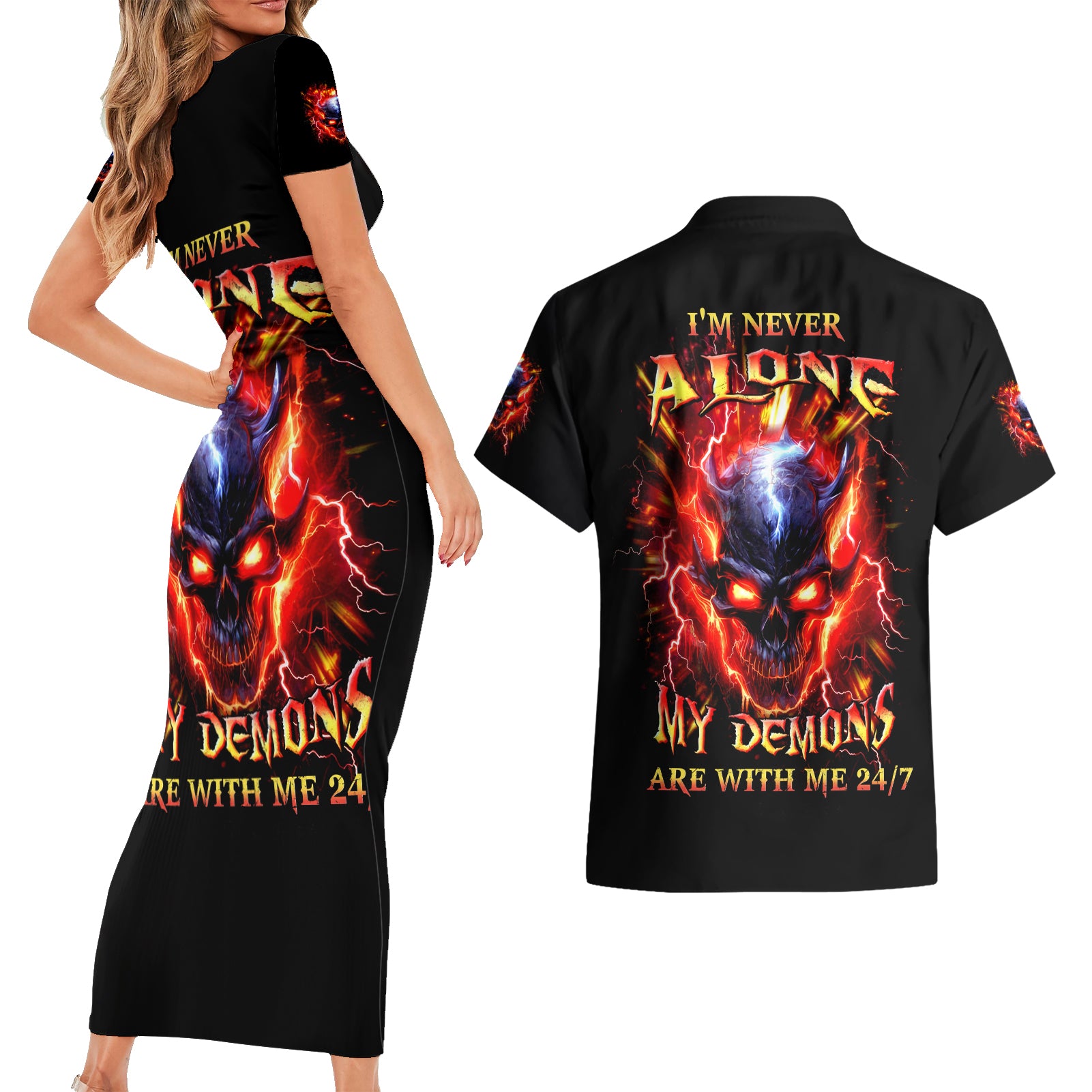 Flame Skull Couples Matching Short Sleeve Bodycon Dress and Hawaiian Shirt I'm Never Alone My Demons Are With Me 24/7 - Wonder Print Shop