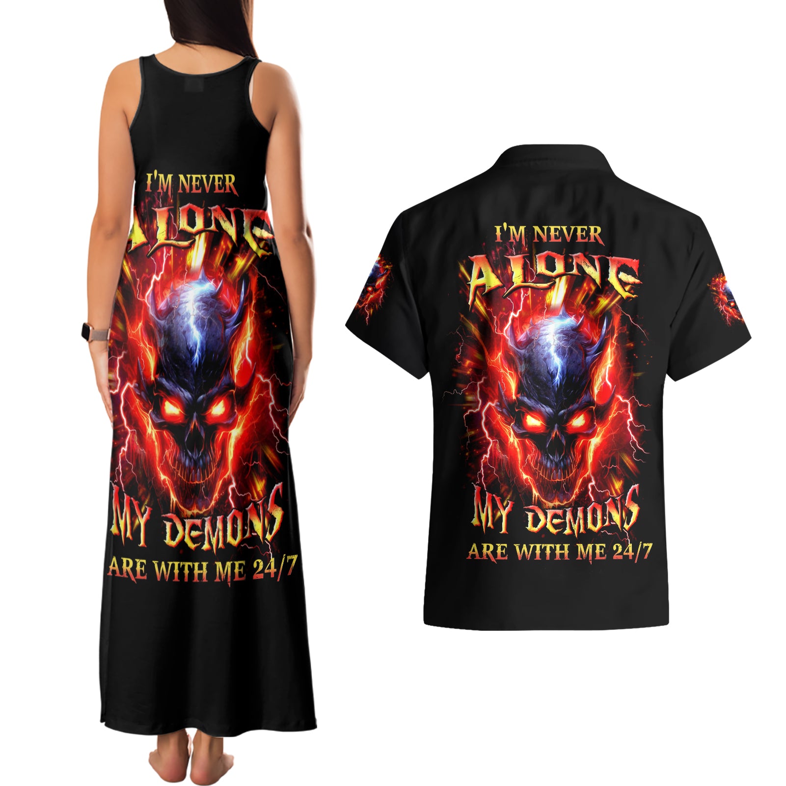 Flame Skull Couples Matching Tank Maxi Dress and Hawaiian Shirt I'm Never Alone My Demons Are With Me 24/7 - Wonder Print Shop