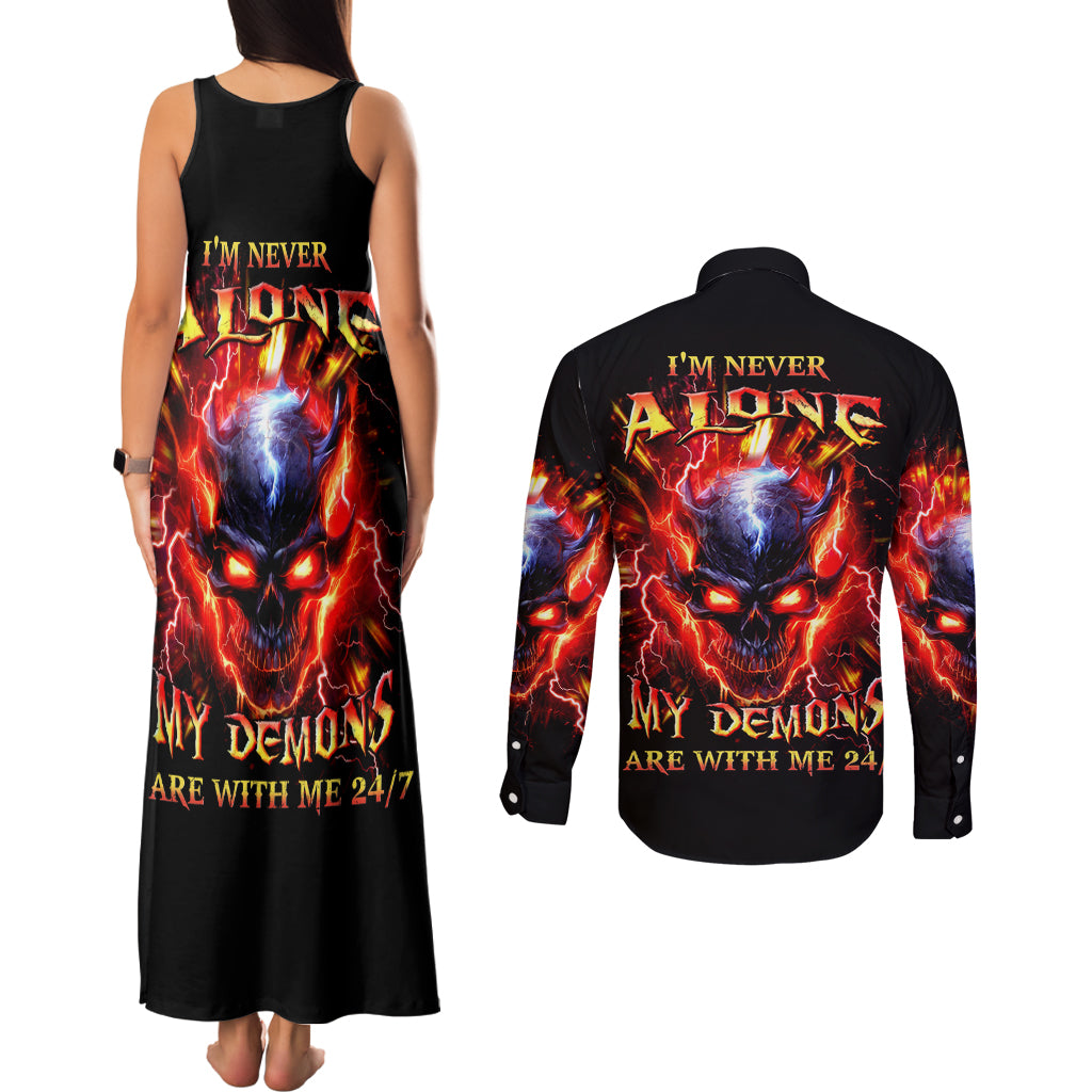 Flame Skull Couples Matching Tank Maxi Dress and Long Sleeve Button Shirt I'm Never Alone My Demons Are With Me 24/7 - Wonder Print Shop