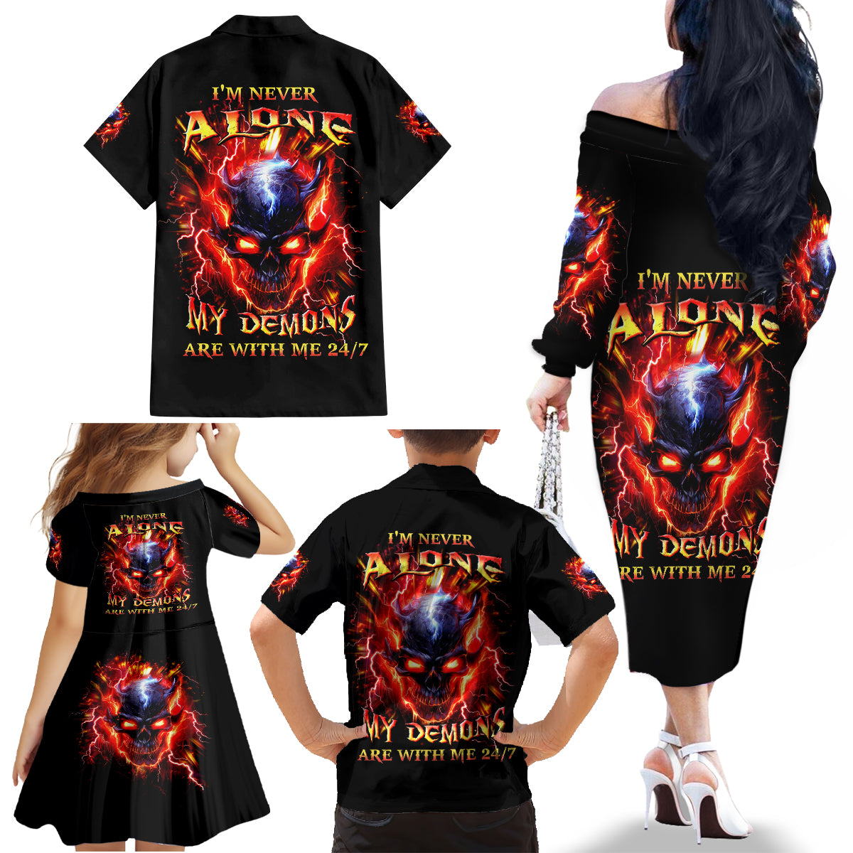 Flame Skull Family Matching Off Shoulder Long Sleeve Dress and Hawaiian Shirt I'm Never Alone My Demons Are With Me 24/7 - Wonder Print Shop