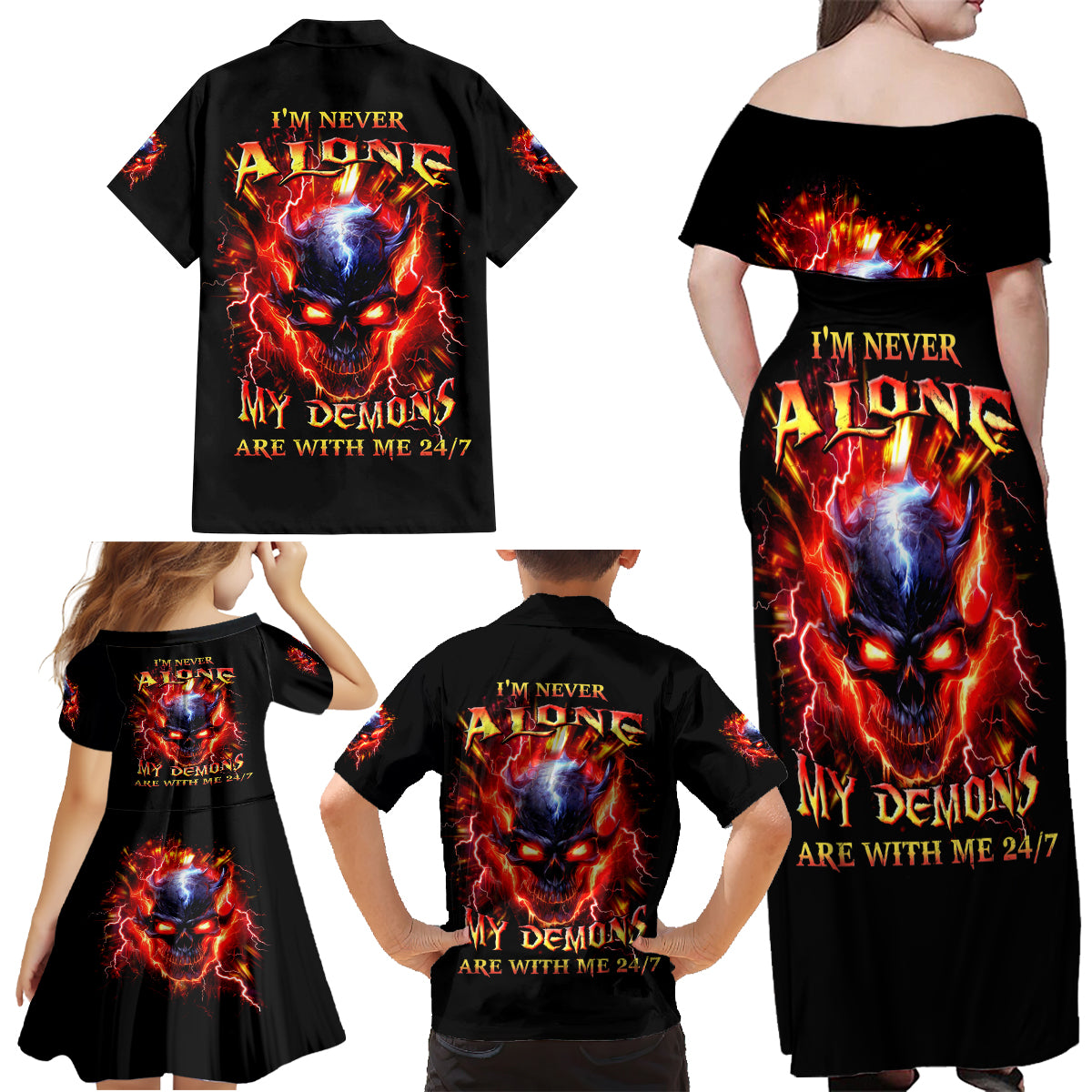 Flame Skull Family Matching Off Shoulder Maxi Dress and Hawaiian Shirt I'm Never Alone My Demons Are With Me 24/7 - Wonder Print Shop