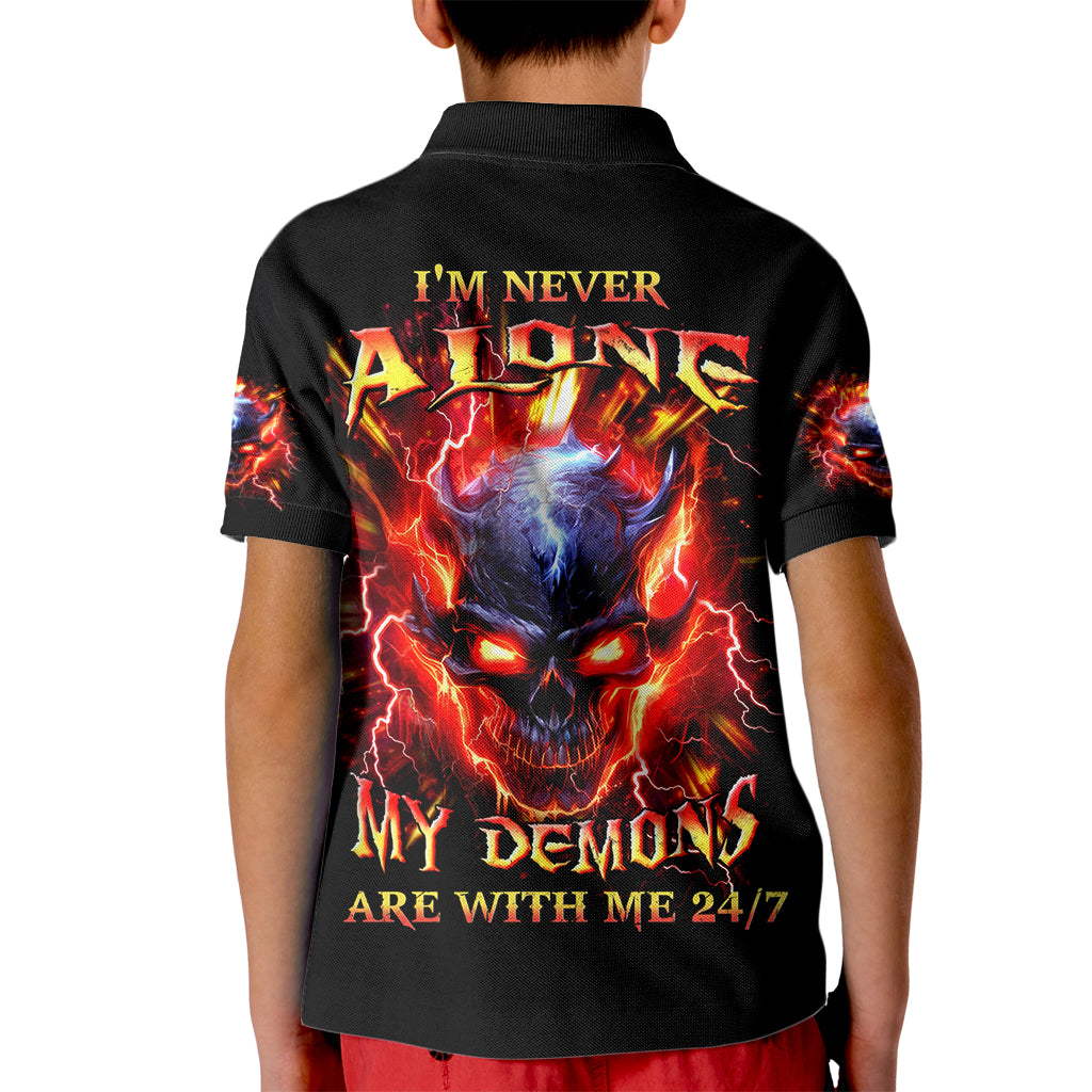 Flame Skull Kid Polo Shirt I'm Never Alone My Demons Are With Me 24/7 - Wonder Print Shop