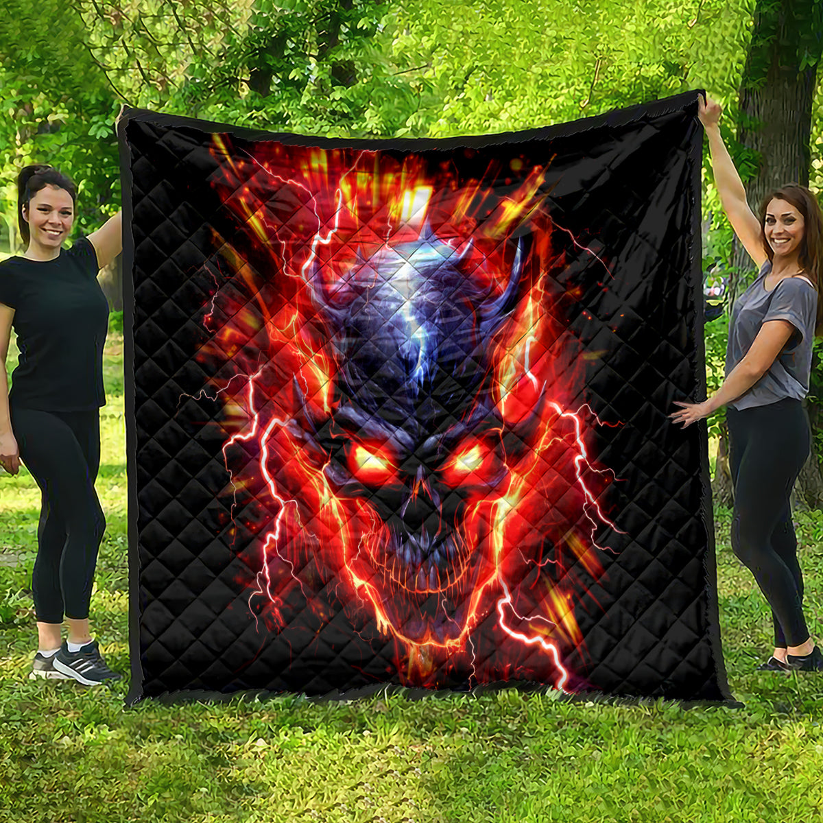 Black quilt with flame skull face graphic, red lightning and blue center, diamond pattern