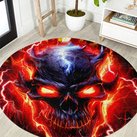 Flame skull round carpet with fiery red and blue glowing eyes, dark outline