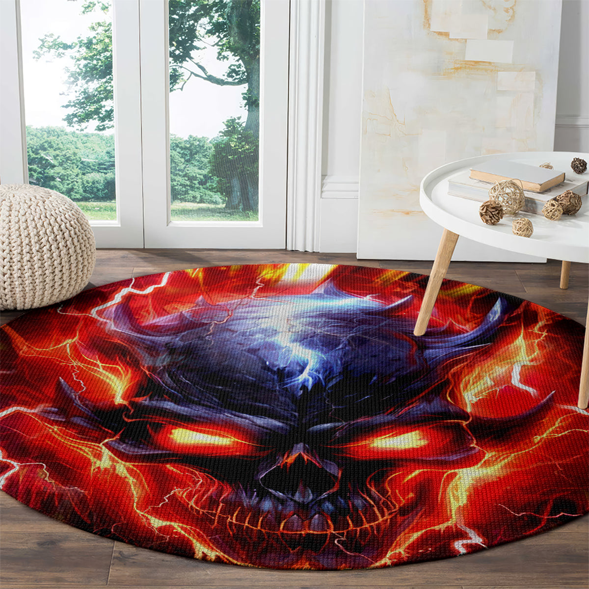 Flame skull round carpet with fiery red flames and dark skull face pattern