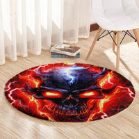 Flame skull round carpet, red and blue skull design in a round border