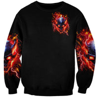 Black unisex crewneck sweatshirt with small flaming skull chest print and flame sleeves