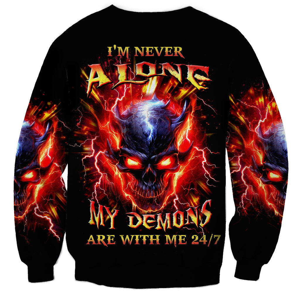 Black unisex crewneck sweatshirt with flaming skull front graphic and red-blue flames
