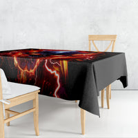 Black flame skull tablecloth draped over table edge, fiery lightning skull design