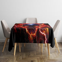 Black flame skull tablecloth with bright orange-red lightning and skull centerpiece