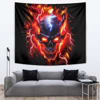 Black flame skull tapestry wall hanging with glowing blue face, red-orange flames, lightning