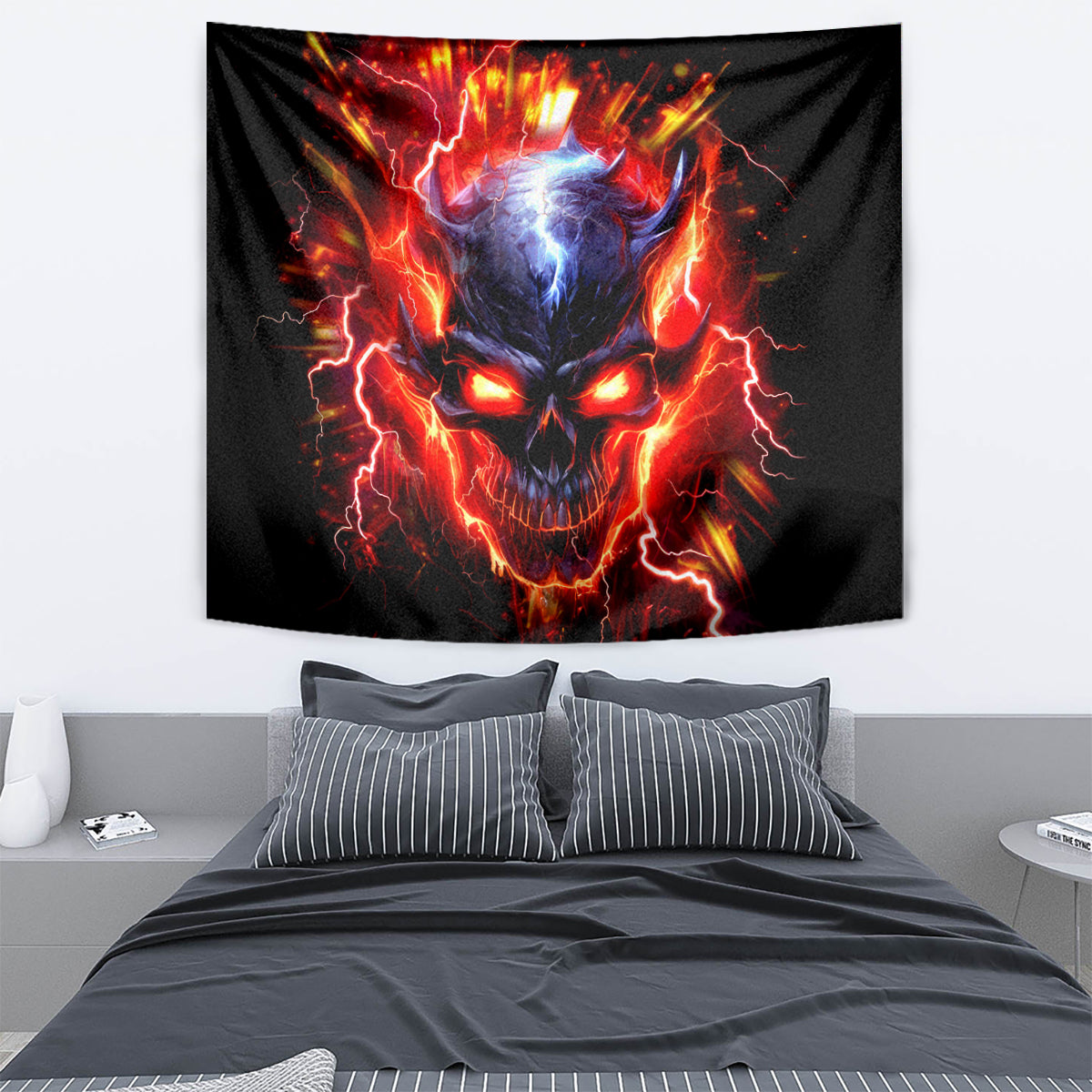 Black skull flame tapestry with centered roaring skull, red fire bursts and blue highlights