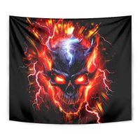 Black flame skull tapestry close-up with glowing blue eyes, red flames, electric sparks