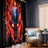 Black flame skull window curtain with intense red-orange and blue face print and sparks