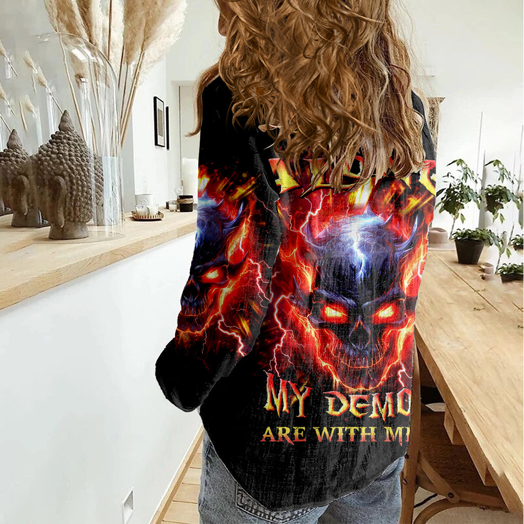 Flame Skull Women Casual Shirt I'm Never Alone My Demons Are With Me 24/7