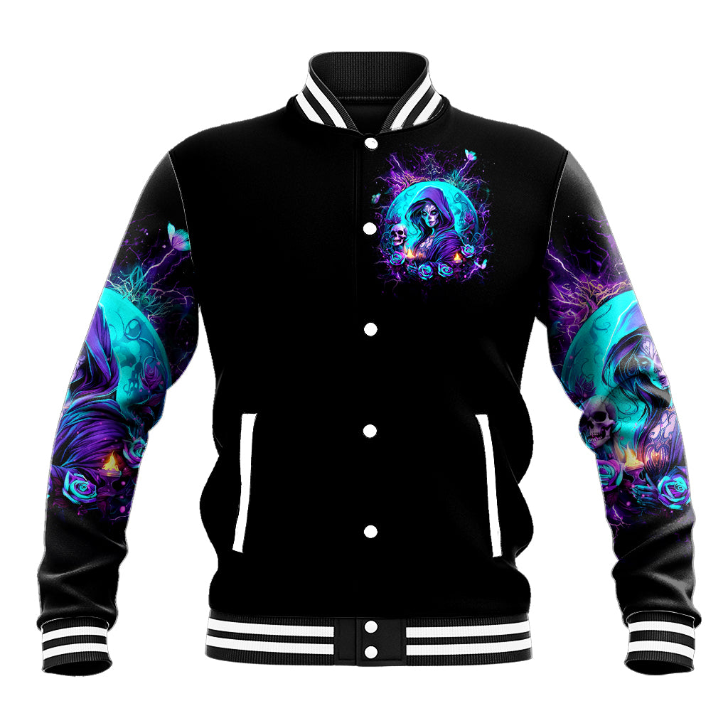 Unisex black baseball jacket with front button placket, striped collar, witch-skull chest graphic
