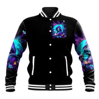 Unisex black baseball jacket with front button placket, striped collar, witch-skull chest graphic