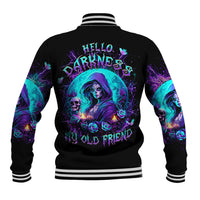 Unisex black baseball jacket with back witch-skull graphic and striped ribbed collar