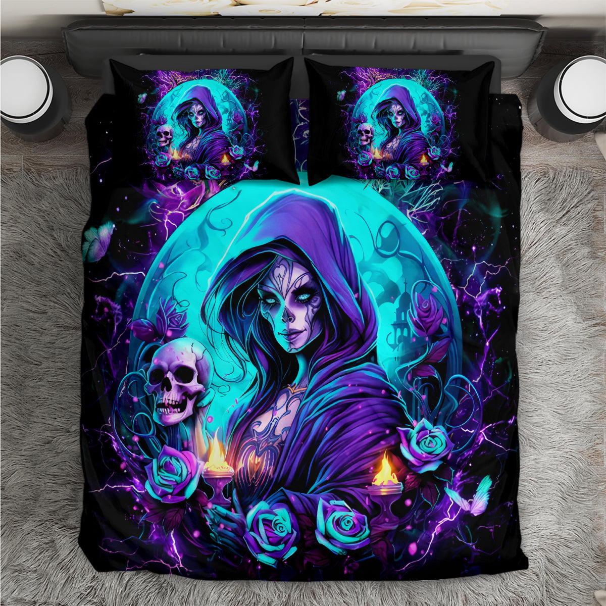 Black bedding set with duvet and two pillowcases, hooded witch, skull, glowing candles